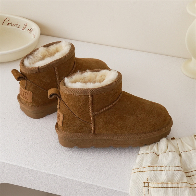 Botas de nieve de lana para niños, botas de cuero genuino de calidad para niños y niñas, zapatos de algodón de ante vacuno suave para bebés, botas de invierno para niños