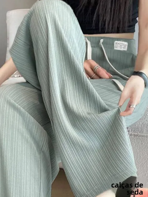 Calças Largas de Seda Gelada para Mulheres, Verão, Finas, de Cintura Alta, Soltas, Estilo Casual, Calças Frescas