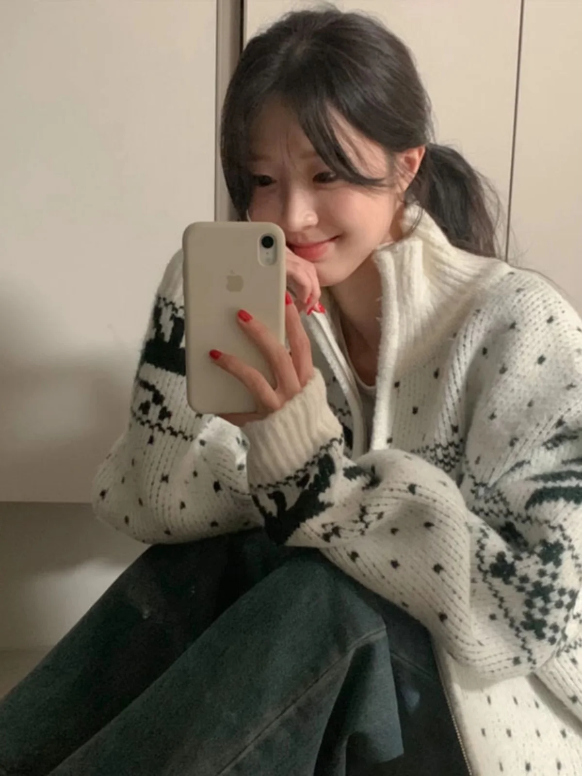 Ladies Lazy Sweater Coat Winter Spring Autumn Winter Loose Long Sleeve Zipper Knitted Cardigan Sweet Snowflake Pattern Outerwear