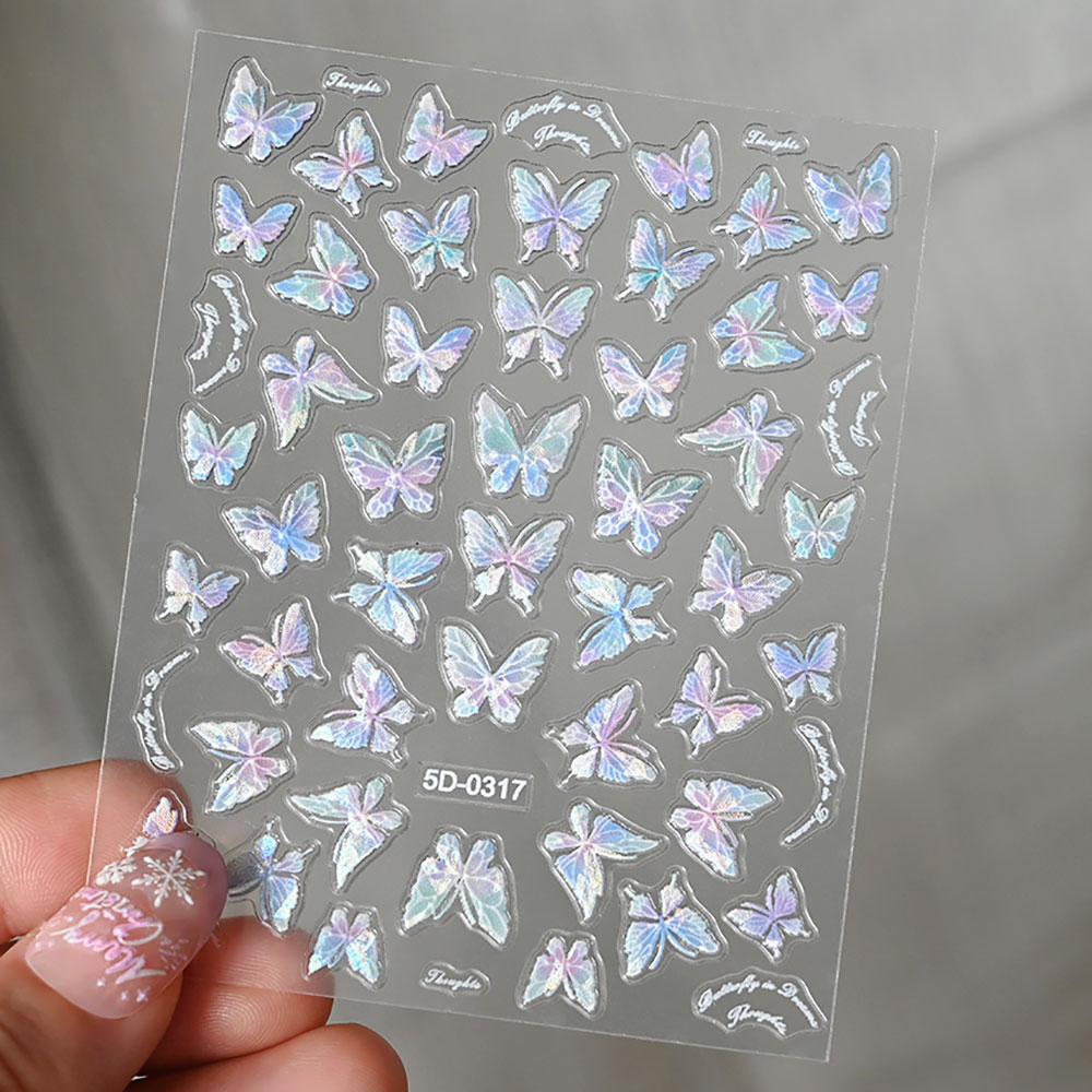 Pink Purple Aurora Shell Butterfly Nail Stickers Shiny Laser 3D Butterflies Nail Decals 8*10cm Adhesive Aurora Shell Butterfly N