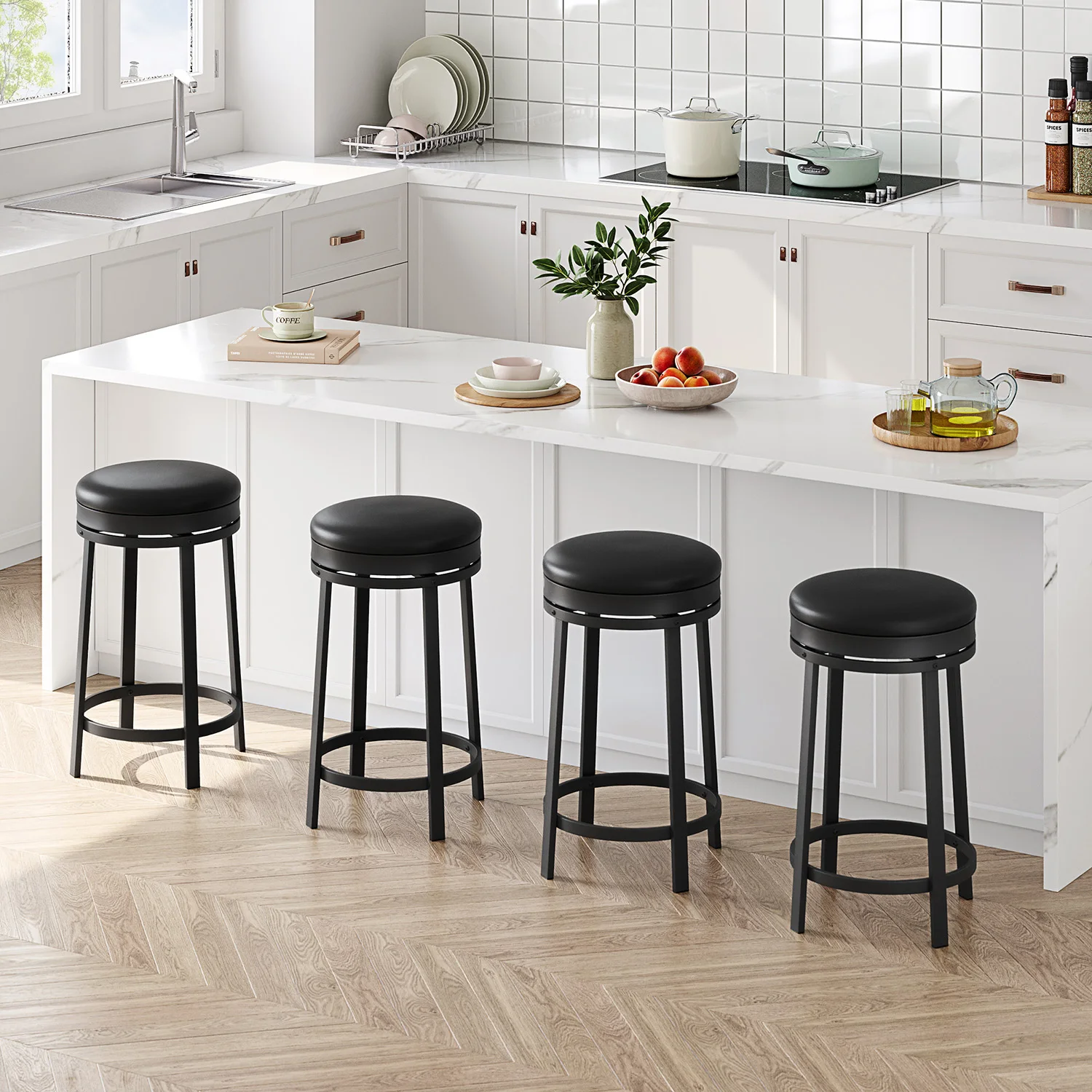 24'' Swivel Bar Stools Backless Modern Counter Height Barstools with PU Leather Upholstered and Metal Frame for Kitchen Island