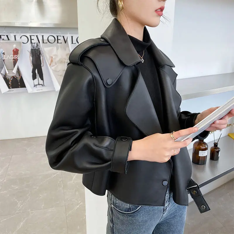 Hochwertige Schaffell jacke Frauen Echt leder Kurz mäntel Mode lose Turn-Down-Kragen weibliche Motorrad jacken Luxus