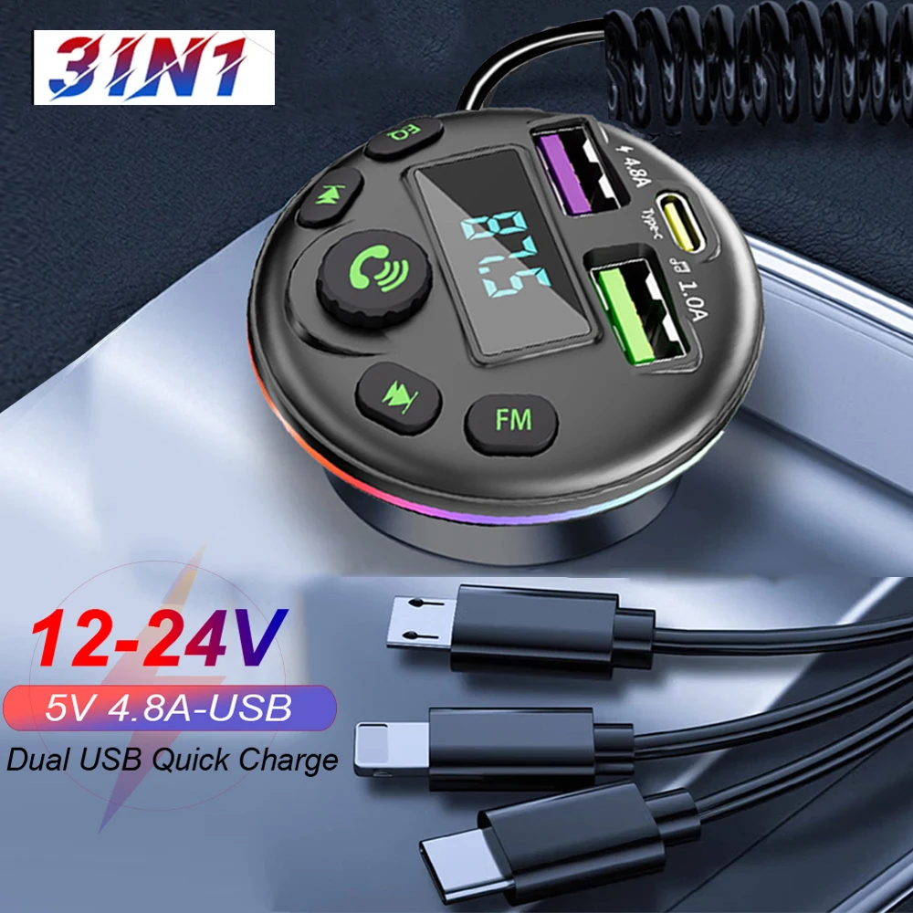 Carro bluetooth 5.0 transmissor fm mp3 modulador player receptor de áudio handsfree com cabo de carga 3 em 1 para iphone huawei xiaomi