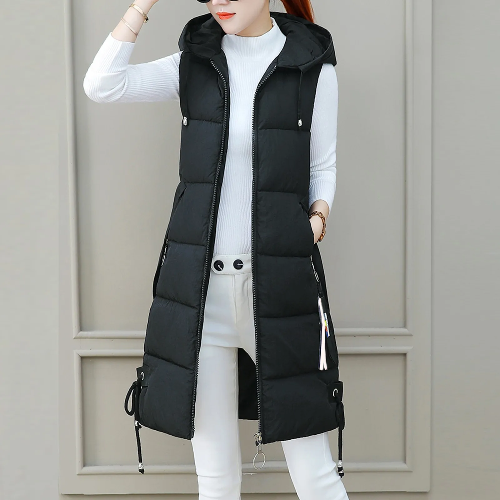 Colete sólido com capuz feminino com bolso com zíper, coletes soltos, jaqueta sem mangas, casaco longo, Casacos, Inverno, 2023