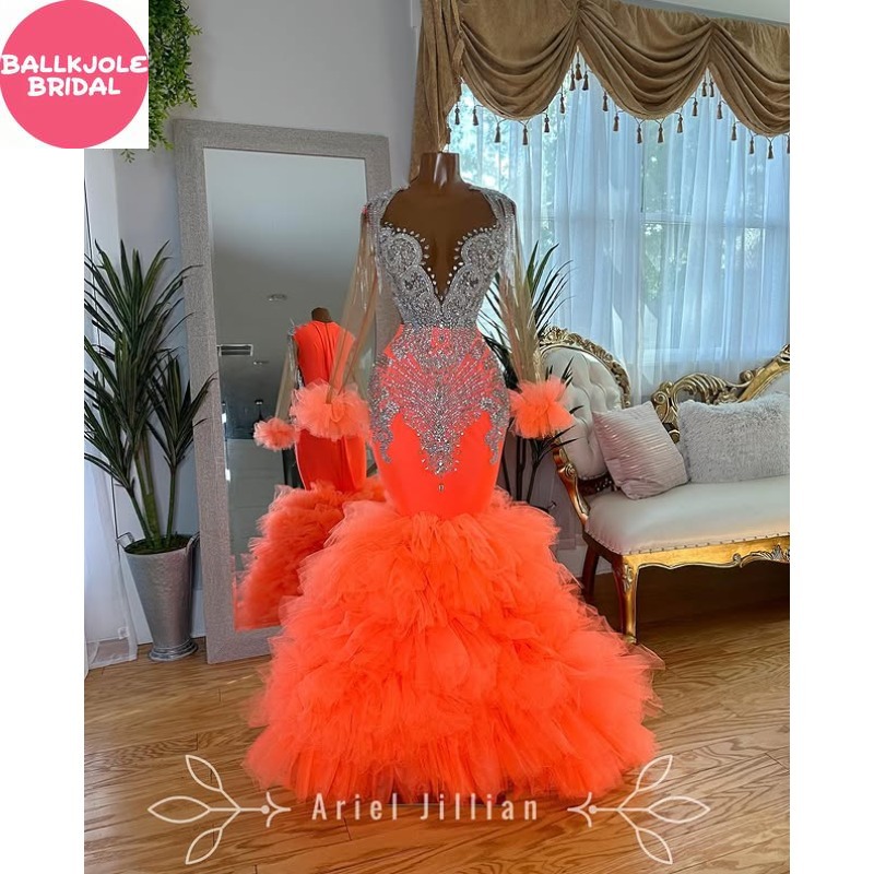 Glitzerndes Diamanten-Meerjungfrau-Abschlussballkleid, glitzernde Perlen, Kristallrüschen, Hochzeit, Geburtstag, Partykleid, lange Ärmel, individuelle Anlässe