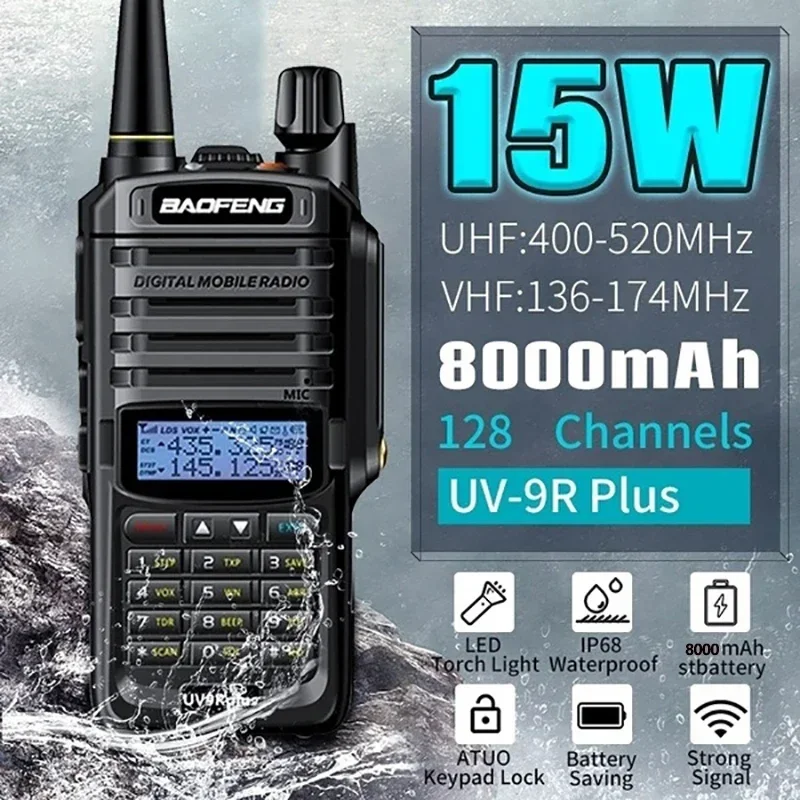 Baofeng UV-9R Plus 15W IP68 Walkie Talkie impermeable banda Dual 16KM de largo alcance portátil VHF/UHF transceptor CB caza Ham Radio
