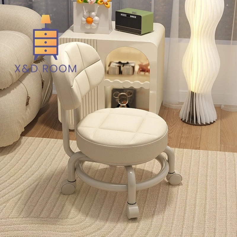 X&D Exquisite Saddle Leather Small Stool Movable And Rotatable Home Shoe Changing Stool With Backrest Living Room Pulley Stool