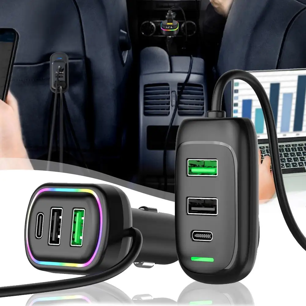 6-Ports USB Typ-C Vorder- und Hinterverlängerung Autoladegerät mit RGB-Licht PD Schnelllade-Netzteil für iPhone Tablet