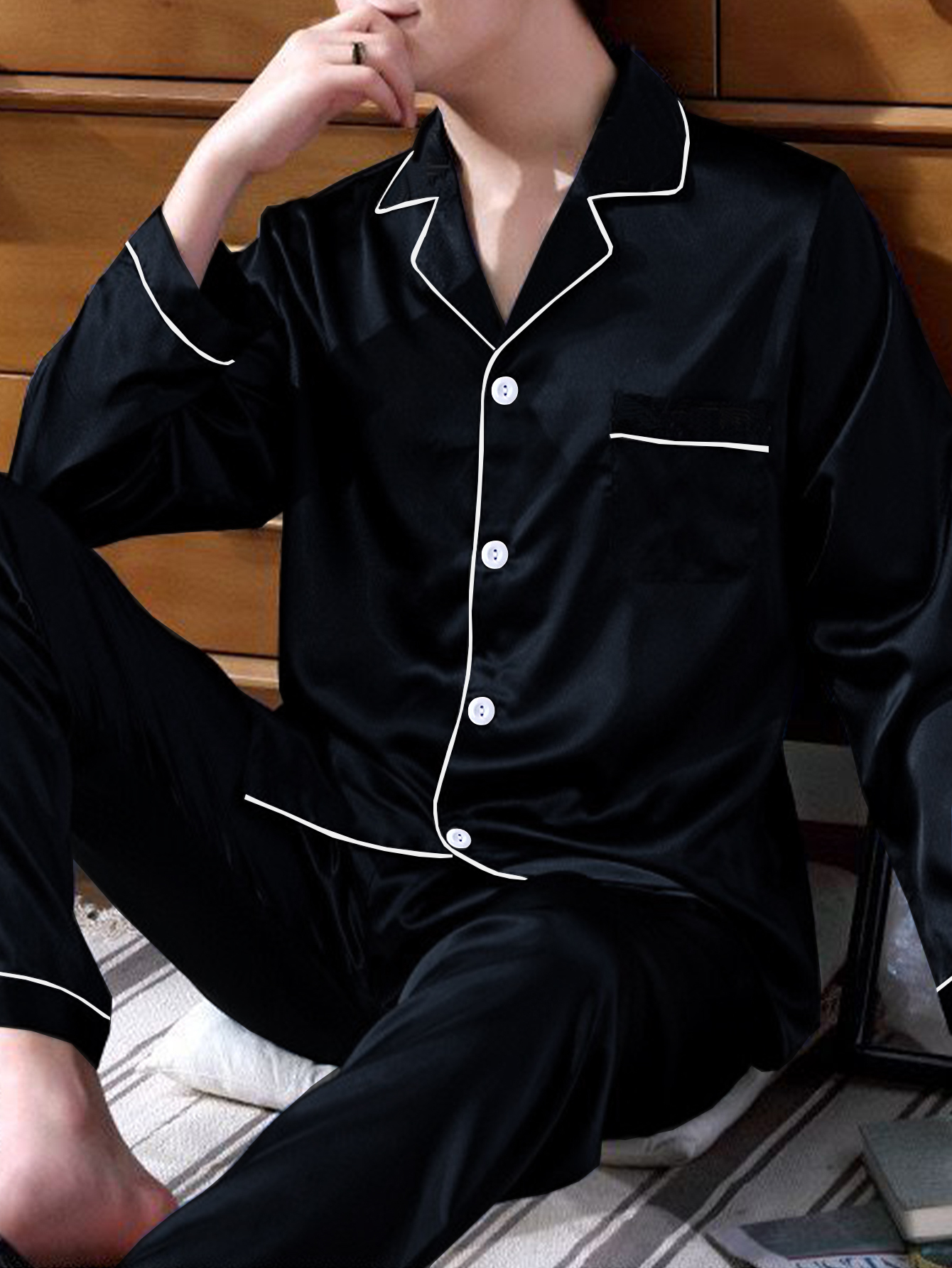 Conjunto de pijama de dos piezas para hombre ropa de dormir de satén de seda pantalones de manga larga, informal simple color sólido Otoño e Invierno