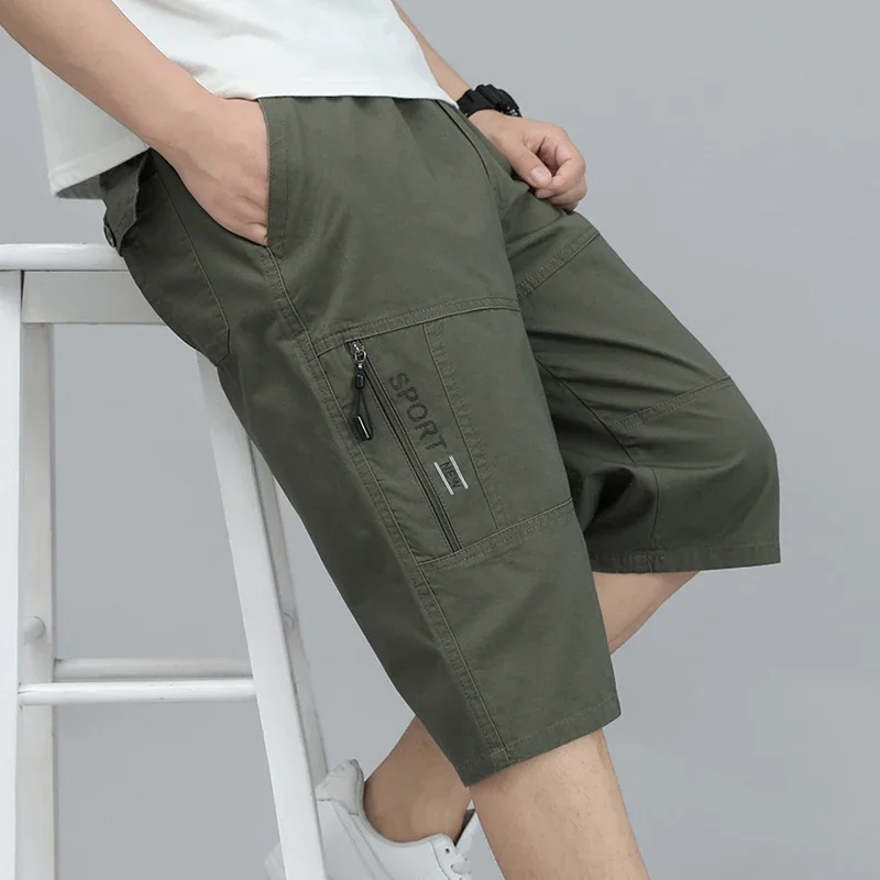 Calções de carga dos homens calças de joelho bolso com zíper verão shorts de algodão escalada jogger cintura elástica esportes wear casual calças curtas