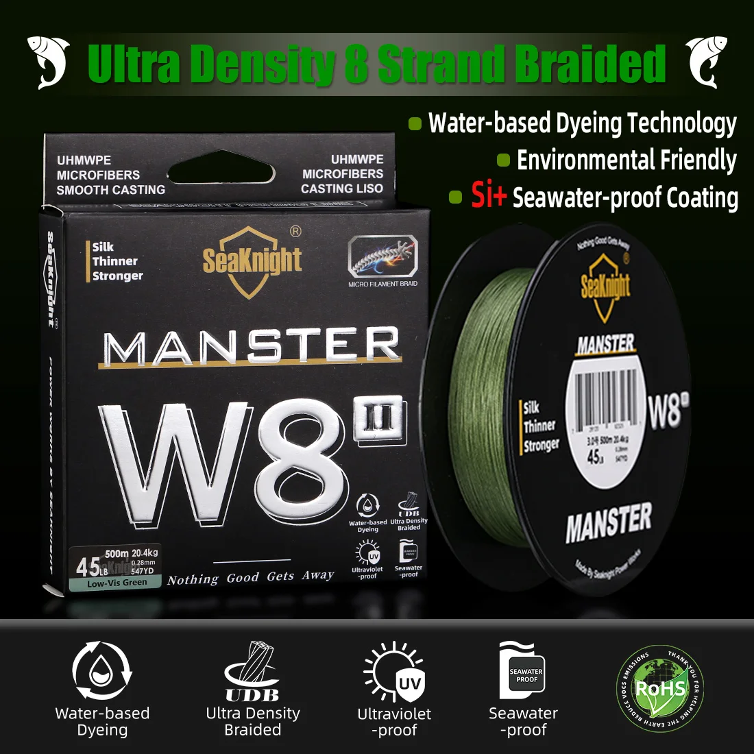 SeaKnight-sedal de pesca serie W8 II, 8 tejidos, 500m, 300m, 150m, línea de PE trenzada fuerte mejorada para pesca en agua de mar, 15-100LBs