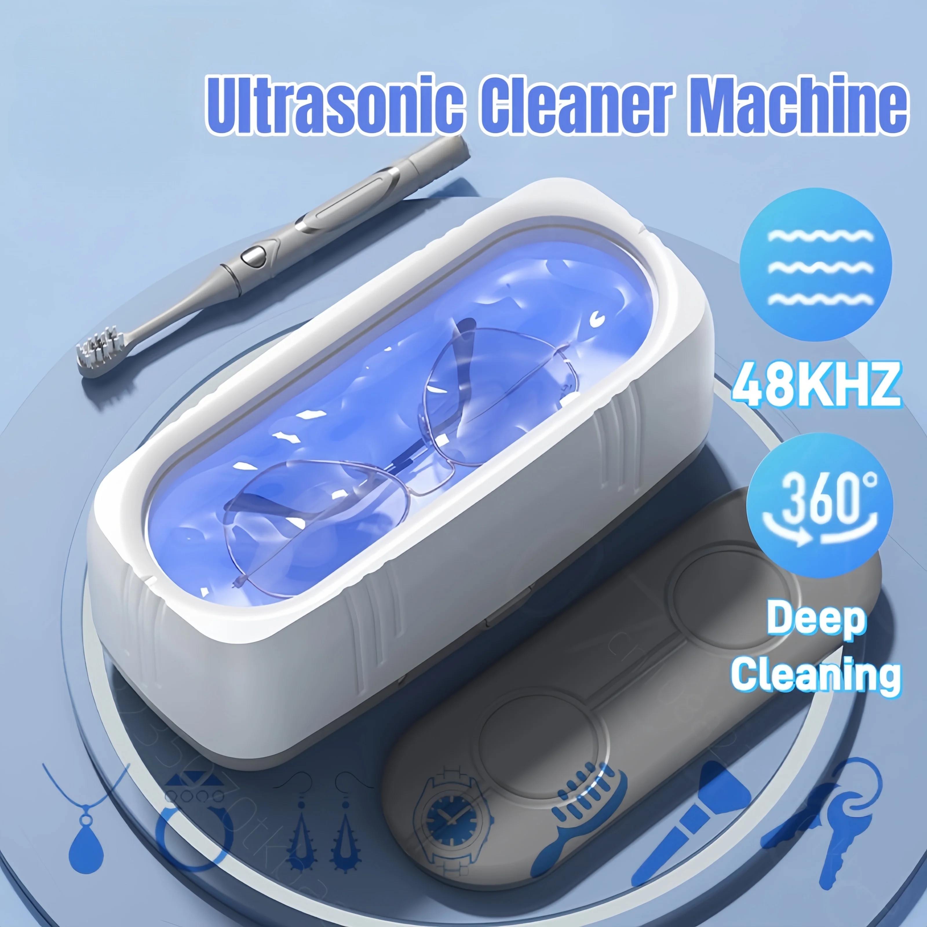 Limpiador ultrasónico de 48KHz, limpiador de gafas de joyería USB con luz azul, esterilizador automático portátil para pendientes y anillos