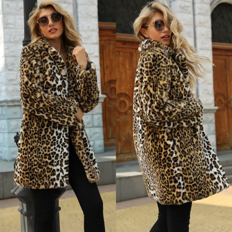 Manteau en fausse fourrure imprimé léopard pour femmes, ouvert sur le devant, col de costume flou, mode femme, manteau mi-long chaud en fausse fourrure