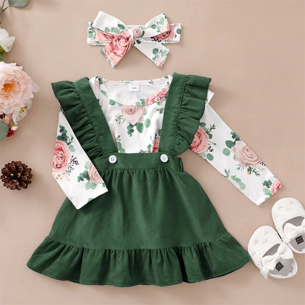 新生児用長袖トップスとサスペンダースカートのセット,0〜12か月,ファッショナブルな服装,3ピース,春秋