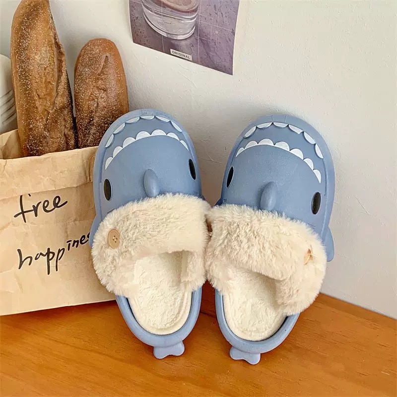 Shark รองเท้าแตะผ้าฝ้ายผู้หญิงกันน้ําฤดูหนาวในร่มลื่นสไลด์ Shark Flip Flops Plush Warm คู่รองเท้าแตะรองเท้าแบน