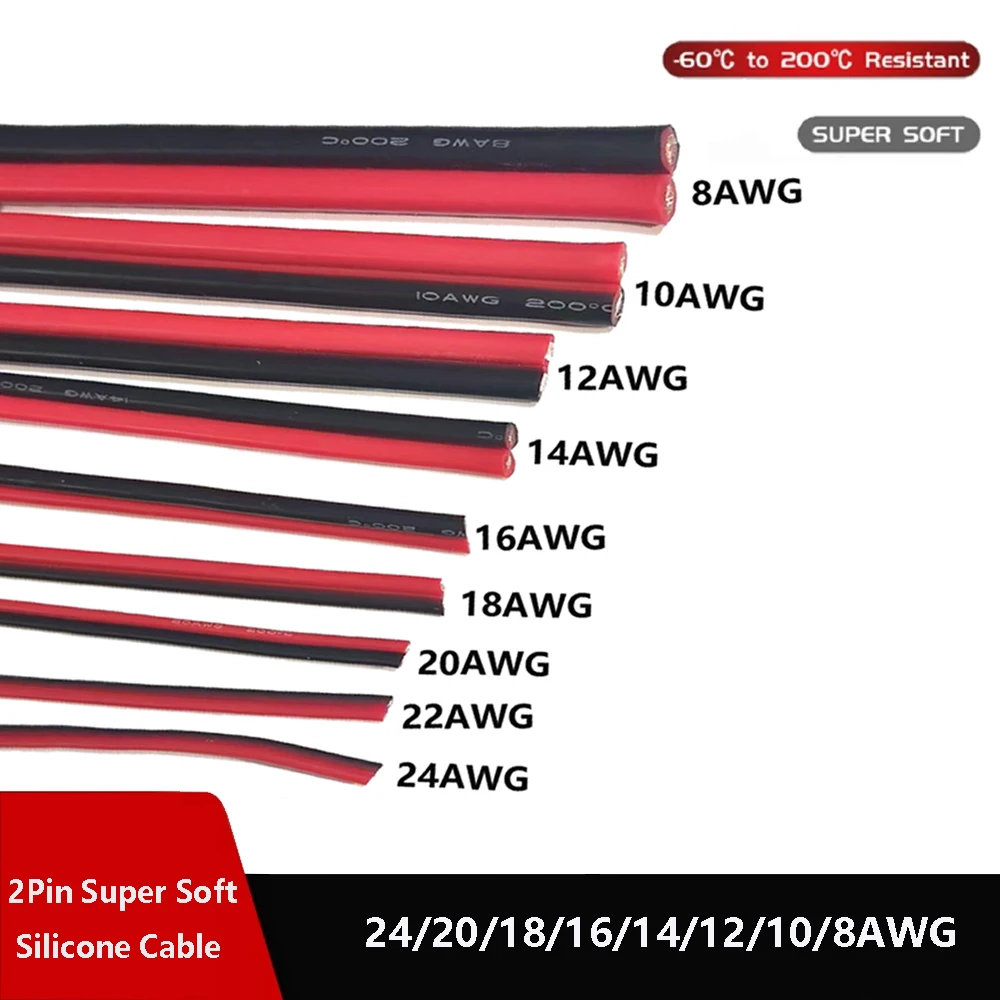 8 10 12 14 16 18 20 22 24AWG Super miękki czarny czerwony drut miedziany Odporny na ciepło kabel z gumy silikonowej do podłączenia lampy LED DIY