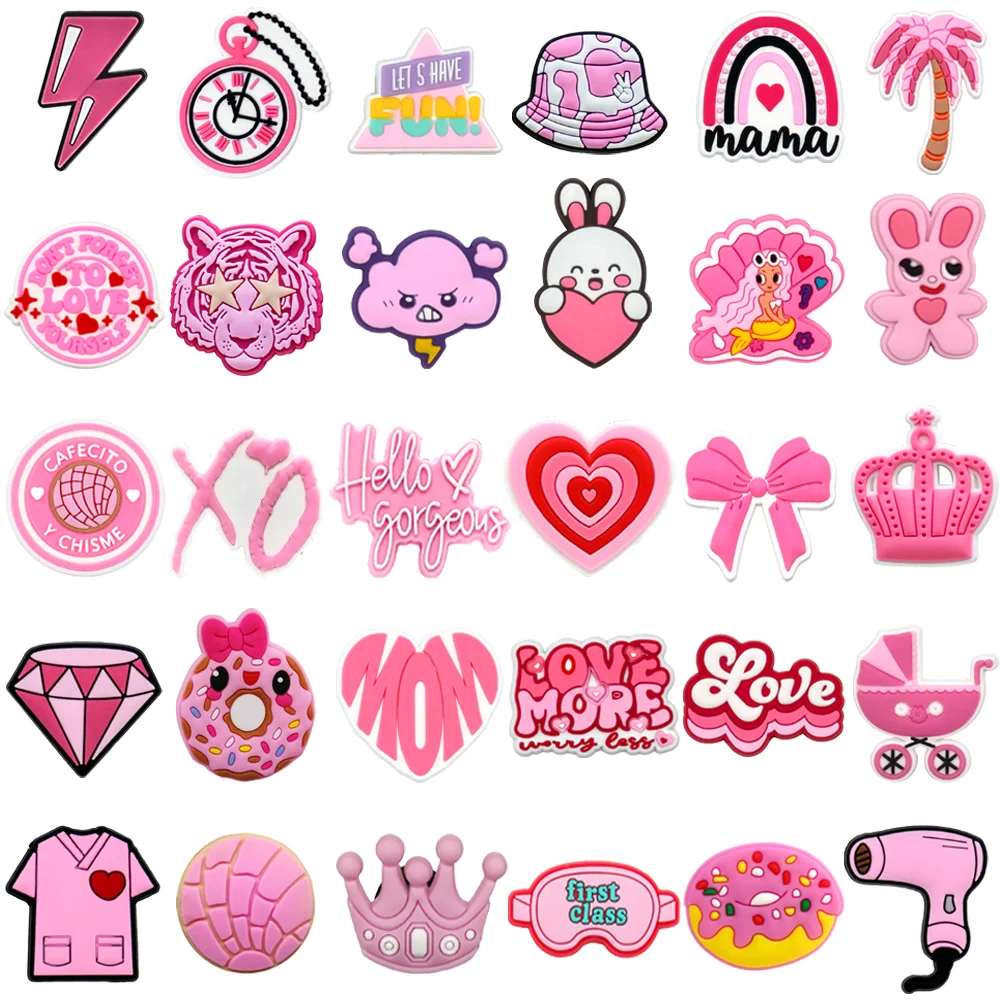 1/30 Uds. Amuletos de zapatos de estilo rosa para niñas, accesorios de hebilla de corazón de conejito rosa para zapatos, decoración de hebilla de zueco de sandalias