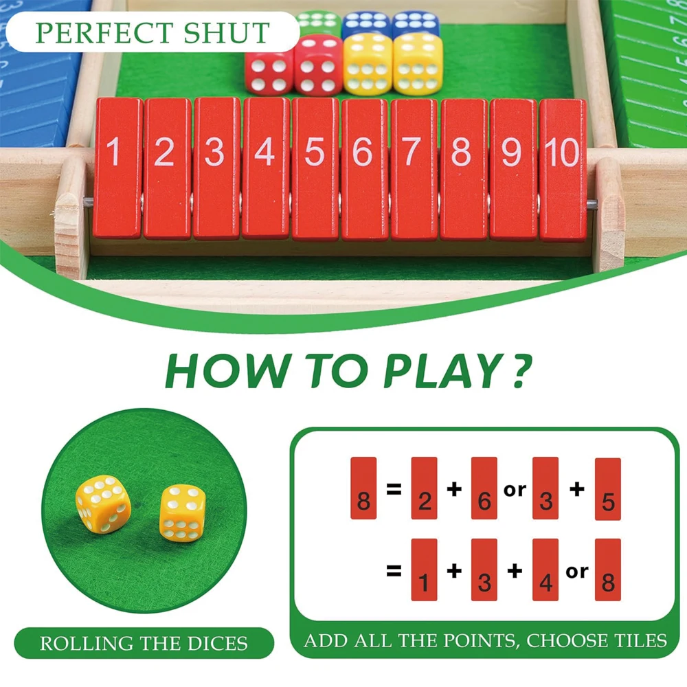 Jogo de dados fechado da caixa, jogos de matemática de mesa de madeira para família de 2 a 4 jogadores para adultos, 8 dados clássicos jogos de versão de mesa para C