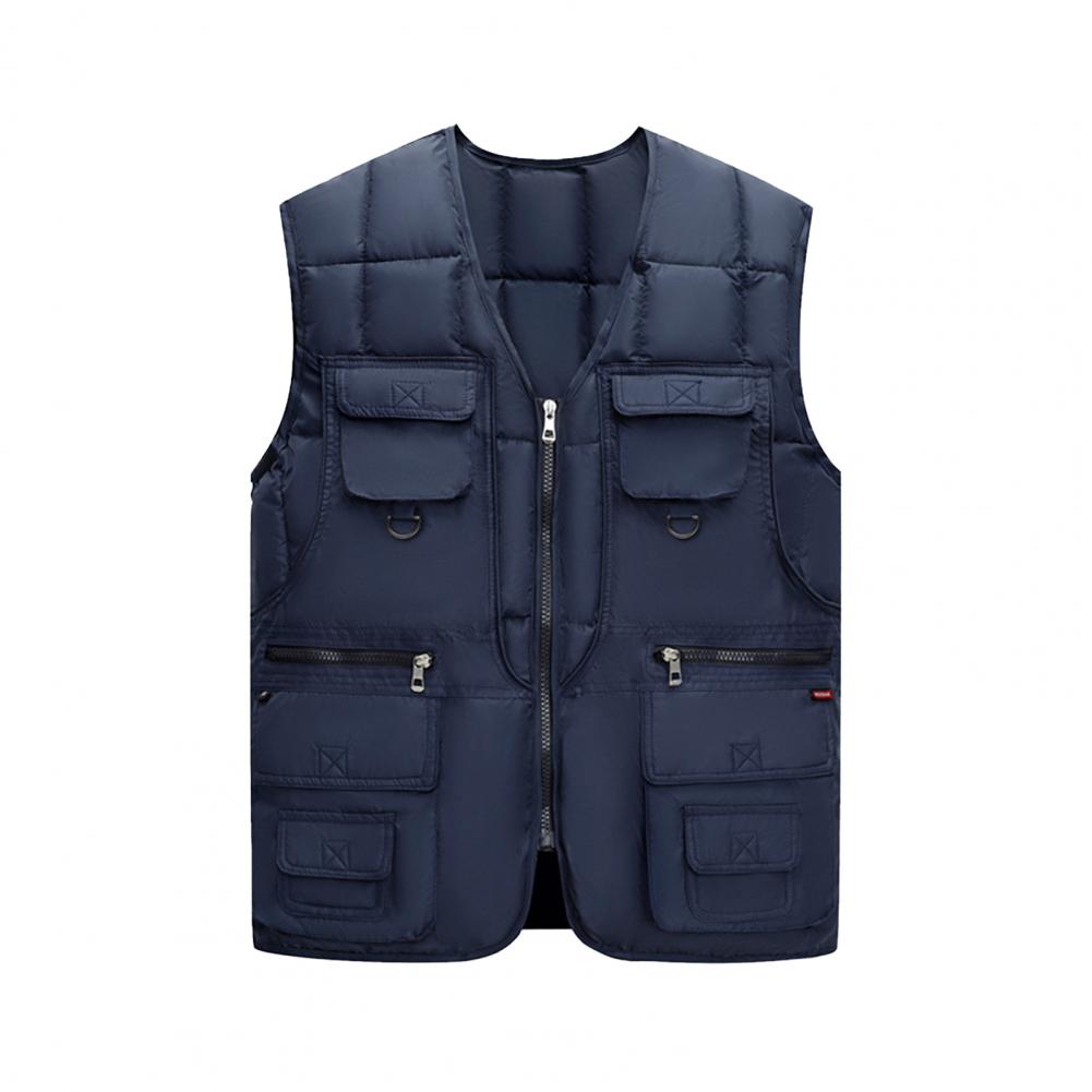 Men Down Vest 10 Pockets Cargo Vest Sleeveless Zipper Placket Vest Coat Multi Pockets Solid Windproof Warm Padding Down Jacket