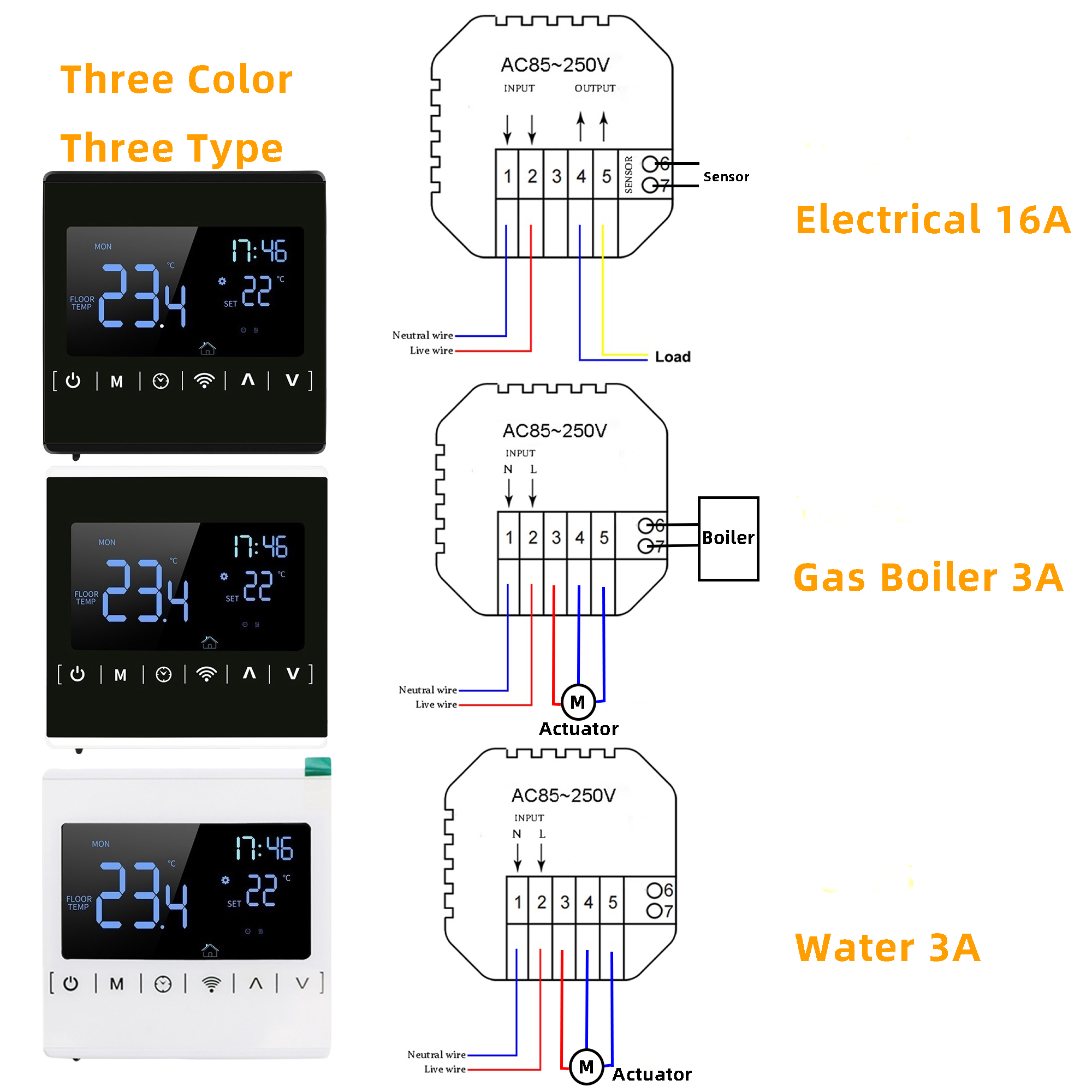 Controlador de temperatura con pantalla táctil completa WiFi, termostato de calefacción de suelo con luz trasera negra de amplio voltaje