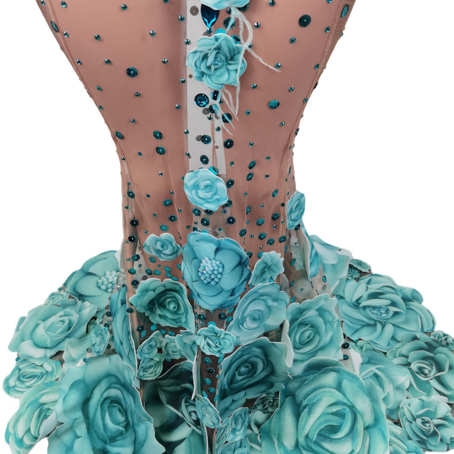 Huaxianzi-ラインストーンメッシュドレス,透明,人魚,花,メッシュ,マキシ,ステージウェア,歌手,パフォーマンス,コスチューム,結婚式,誕生日パーティー