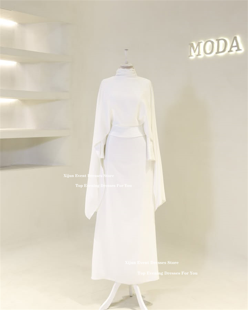 Xijun Crepe Modest Evening Dresses High Collar Pleats Formal Prom Dresses Long Cape Sleeves Muslim A-Line Prom Gowns Customized