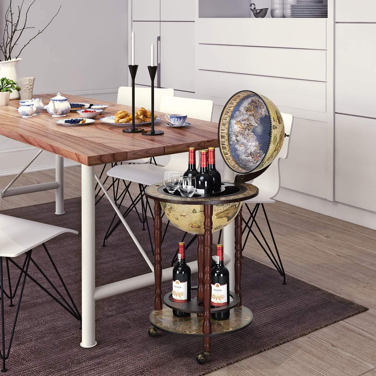 Barra de globo de madera de eucalipto, soporte de vino de globo de madera, montado sobre ruedas, estilo antiguo, 45x45x88cm, blanco