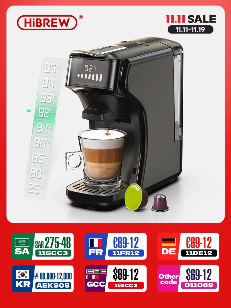 Ekspres do kawy na kapsułki HiBREW 6w1, do kawy na gorąco/zimno, wielofunkcyjny ekspres do espresso, cafetera, cappuccino, Dolce Gusto, Nespresso, do kawy w proszku H1B