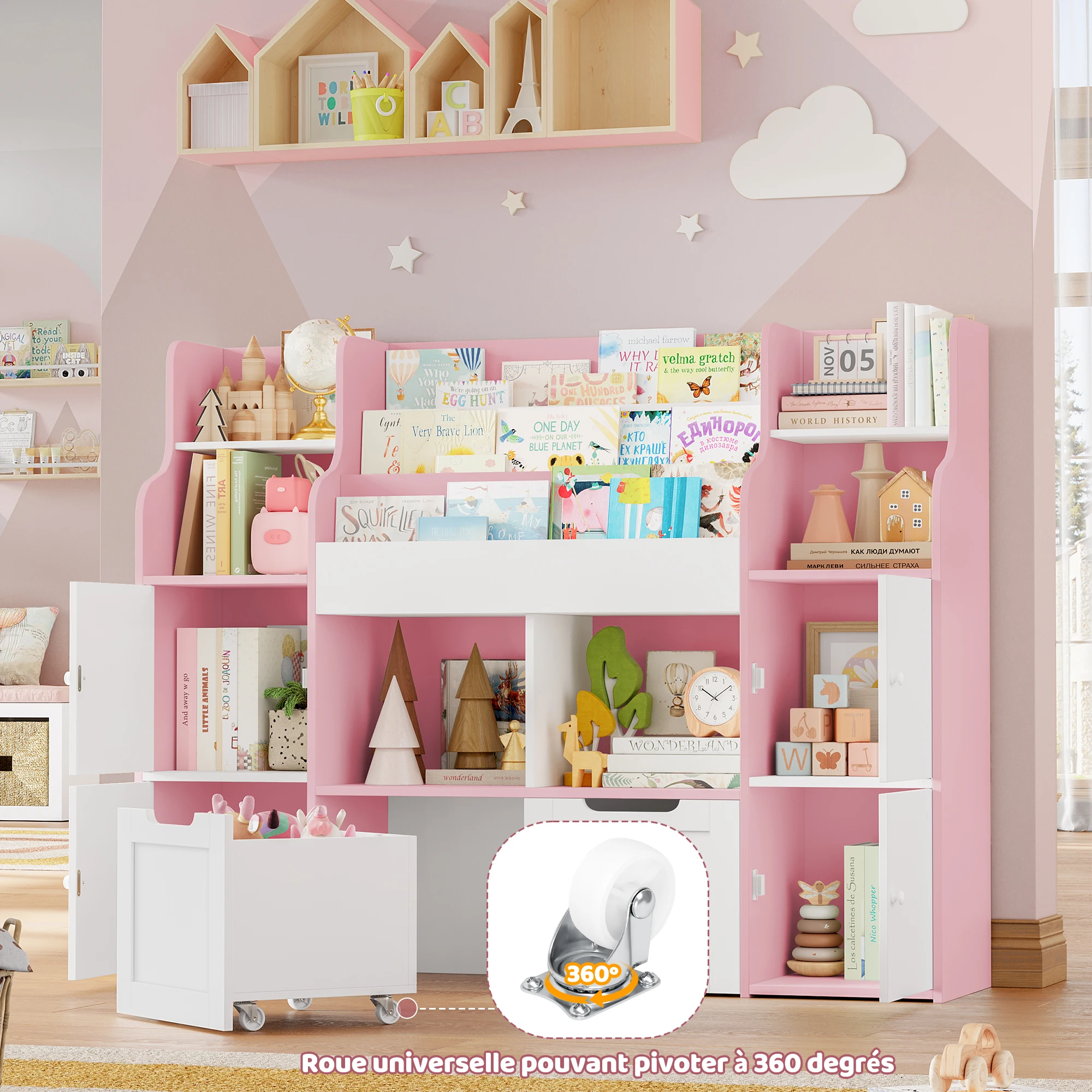 Getone Meuble Rangement Enfant,Meuble Rangement Jouets Enfant,Bibliothèque Enfant,Armoire Chambre Enfant avec 13 Étagères, 2 portes, 2 tiroirs sur roulettes, pour Chambre d’Enfant Salle de Jeu 122x30x100cm
