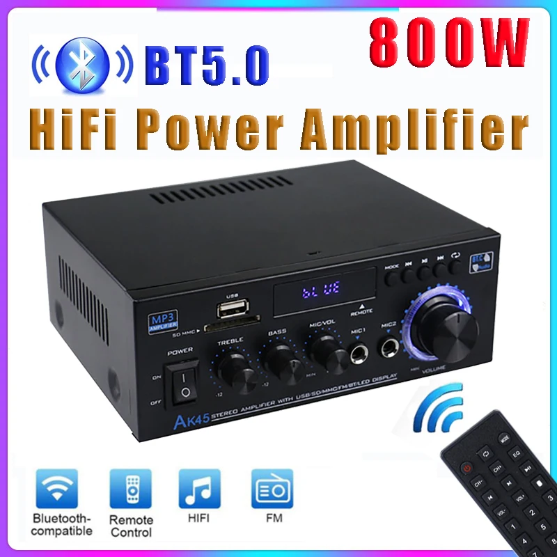 AK35/AK45 800W Home Power Amplifier 2 Channel Bluetooth 5.0 Mini Hifi Digital Stereo Sound Amplifier Support FM USB SD Mic input