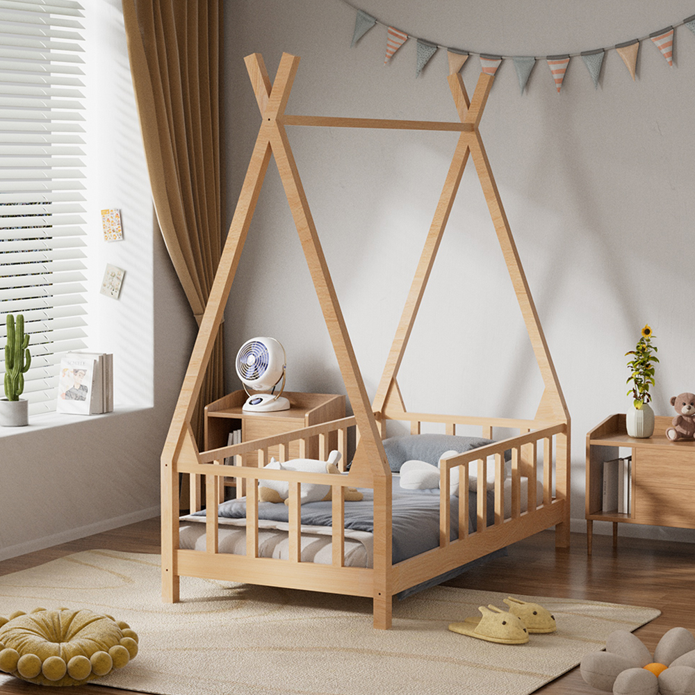 Kid's Premium Pine Wood House Bed Frame with Fence,148cm W x 76cm D x 168cm H