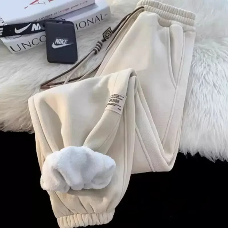 플러시 벨벳과 두꺼운 여성 바지 겨울 의류 거리 캐주얼 포켓 접합 Drawstring 높은 허리 느슨한 스웨트 팬츠