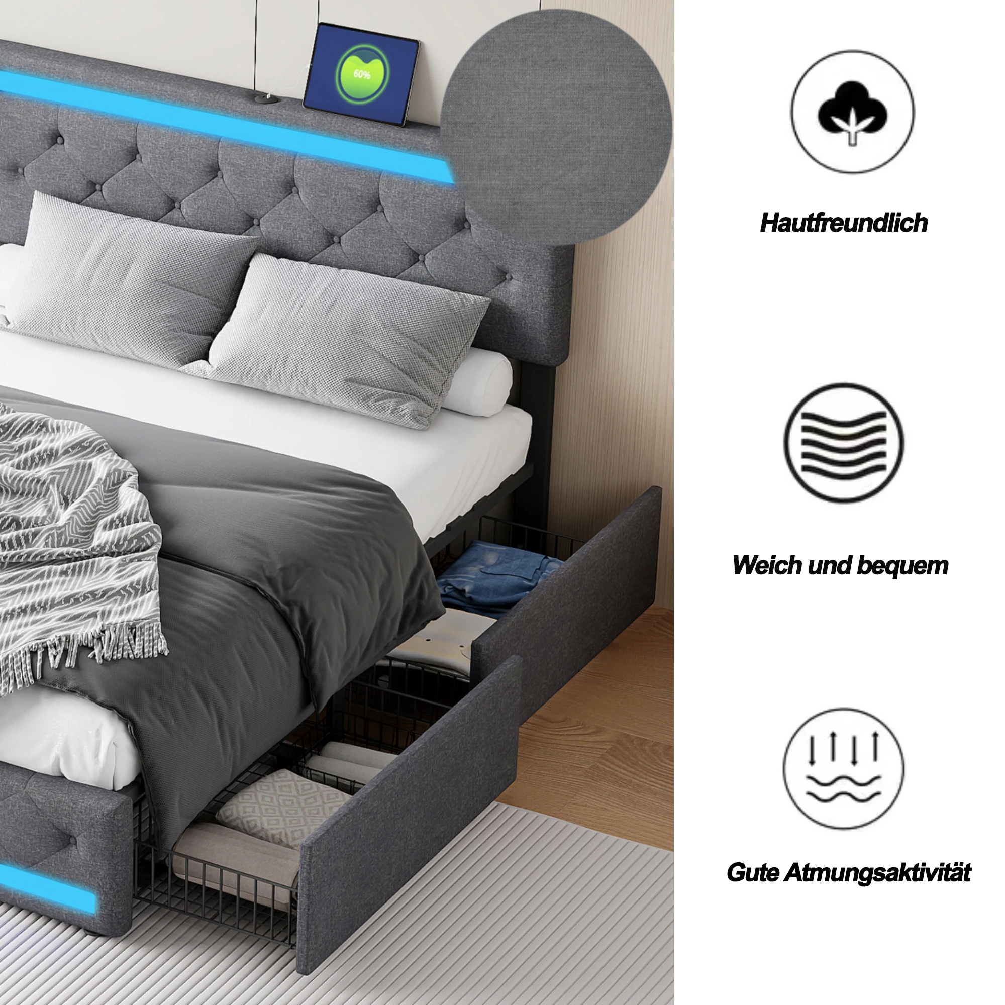 Łóżko podwójne tapicerowane Anajqaqia 140×200 cm, z listwą LED i ładowaniem USB, z 4 szufladami i zagłówkiem z oparciem