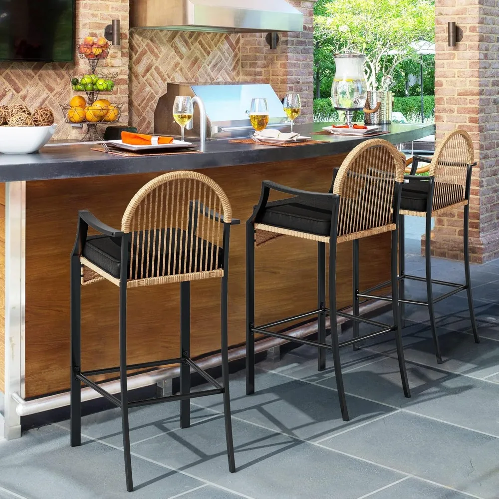 3-Piece Outdoor Wicker Bar Height Set with Cushioned Barstools, Patio Bistro Furniture for Balcony and Poolside