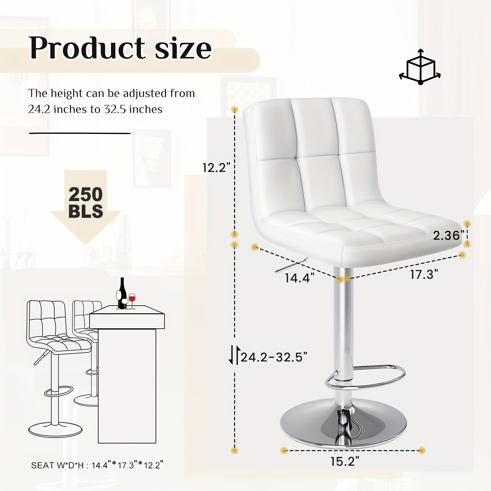 Taburetes de bar giratorios premium: cómodos cuero PU, altura de mostrador, diseño moderno, ajustables y ergonómicos: duraderos, estables