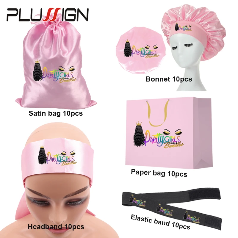 Customize 50Pcs Lace Band Paper Bag Satin Wig Bags For Hair Extension Packaging Satin Wig Cap For Curly Hair Edges Scarf Wrap