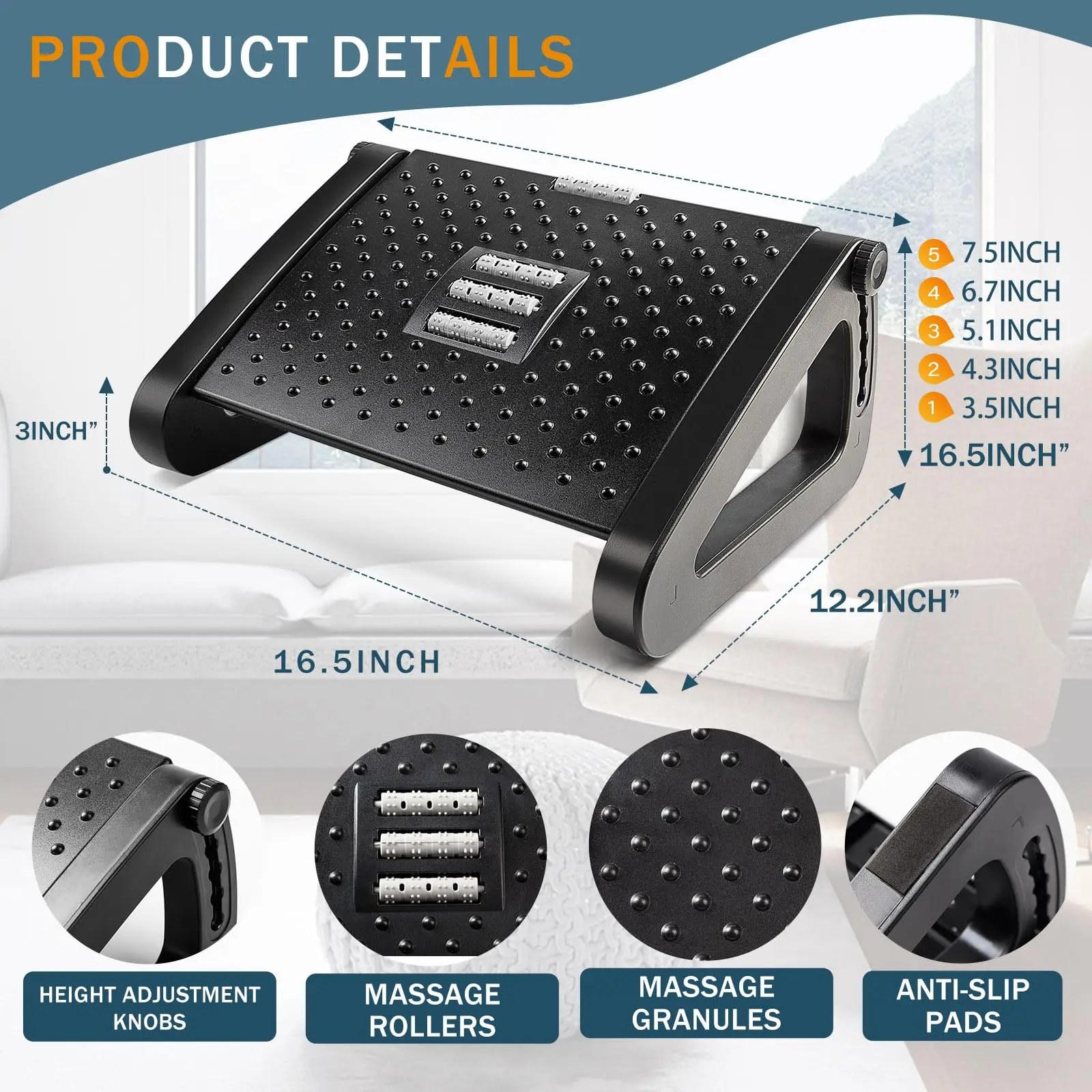 Under Desk Footrest with Massage Rollers Ergonomic Foot Stool for Home Office Pain Relief and Comfort