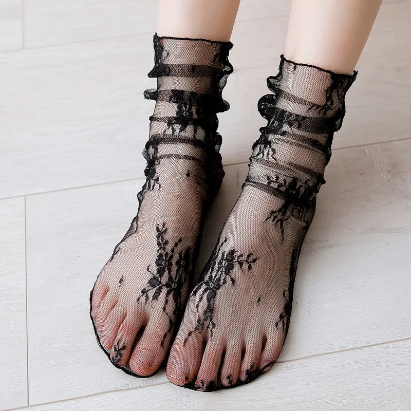 Calcetines Harajuku para mujer, calcetín de encaje Floral transparente transpirable, calcetín de rejilla de malla dulce, calcetines suaves y transpirables, medias Sox