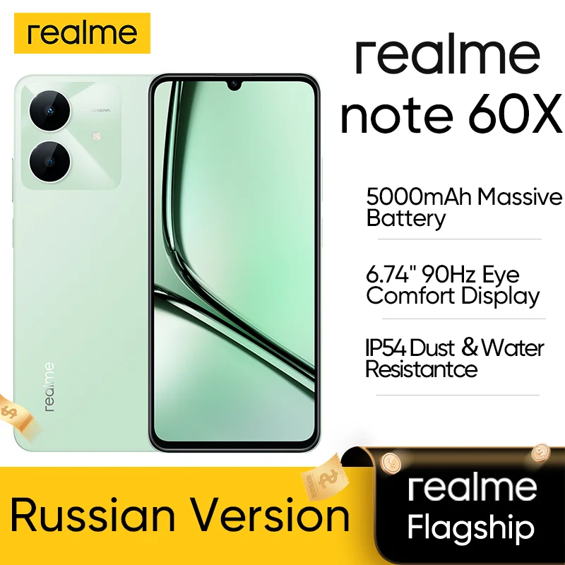 [New] realme Note 60x Smartphone Russian Version 6.74'' 90Hz Display 5000mAh Battery IP54 Powerful Octa-core Chipset 3GB+64GB