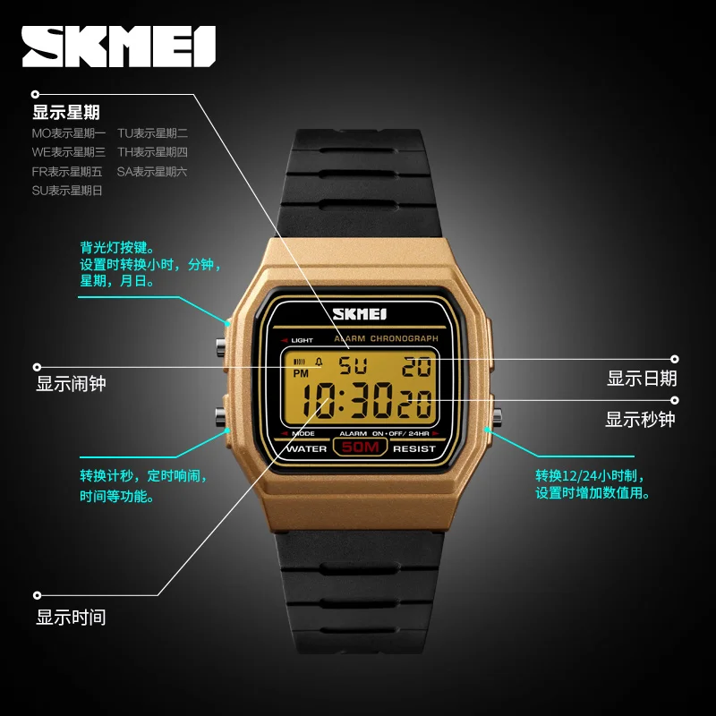 Reloj de pulsera SKMEI 1412 resistente al agua con fecha y semana para mujer, relojes deportivos para parejas, reloj Digital femenino a la moda para mujer