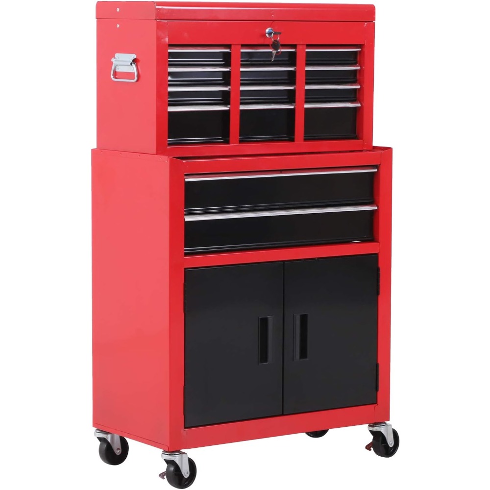 Tool Chest, Metal Tool Cabinet on Wheels with 6 Drawers, Top Chest and Roller Cabinet Combo, 61.6 X 33 X 108cm, Workbenches