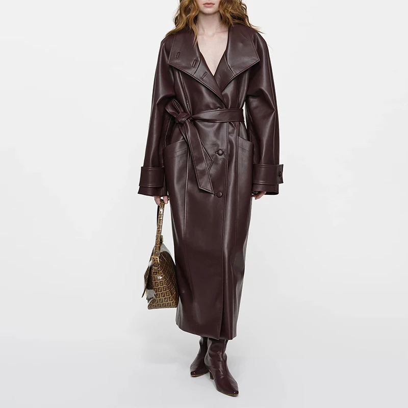 Trenchcoat aus 100 % echtem Leder für Damen, Herbst und Winter, luxuriöses Schaffell, großes Revers, einreihiger Gürtel, lockerer langer Trenchcoat