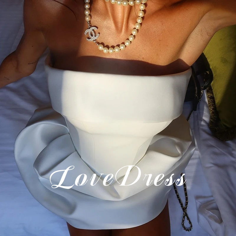 Love Simple Mini Ivory Stain ชุดแต่งงาน Elegant Strapless Ball Gowns เหนือเข่าจีบแขนกุดเซ็กซี่เปิดกลับที่กําหนดเอง