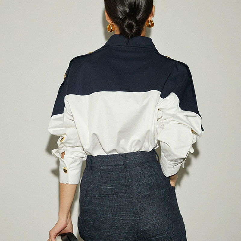 Camisas de mujer 2025, blusas de diseño de marca con botones y contraste de retazos para mujer, camisas de manga larga a la moda con temperamento, Tops para mujer