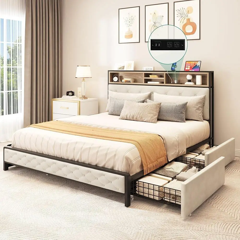 Queen Storage Bed Frame with 4 Drawers Upholstered Platform Dual USB Charging Ports Bookcase Headboard Noise Reduction Sturdy