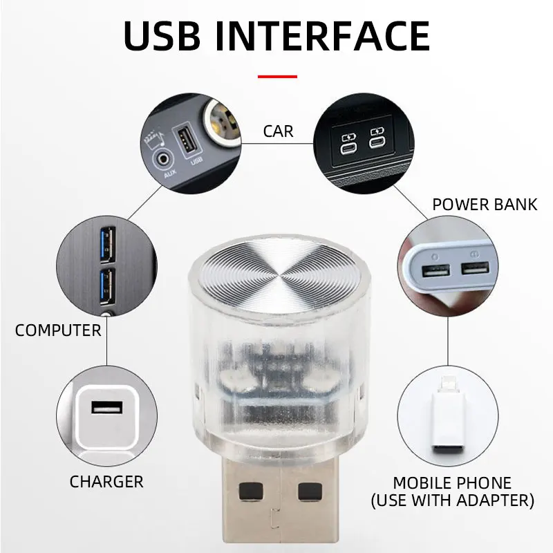 1pc carro mini usb led atmosfera luz para festa ambiente automotivo portátil plug and play carro decorativo lâmpada interior 12v