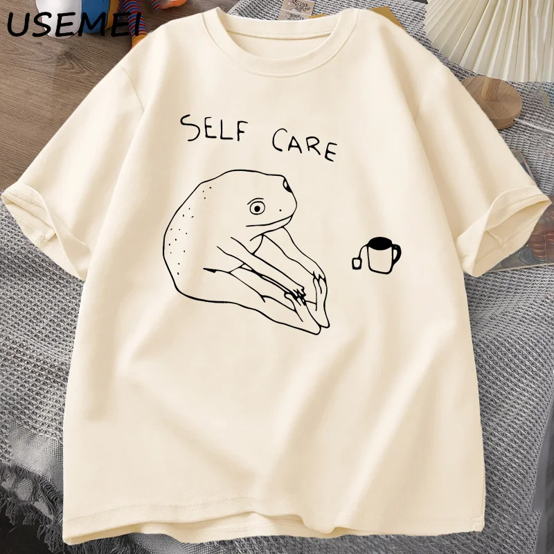 面白いカエルセルフケア Tシャツレトロ Cottagecore カエルプリント Tシャツ女性男性夏ラウンドネック半袖 Tシャツストリート