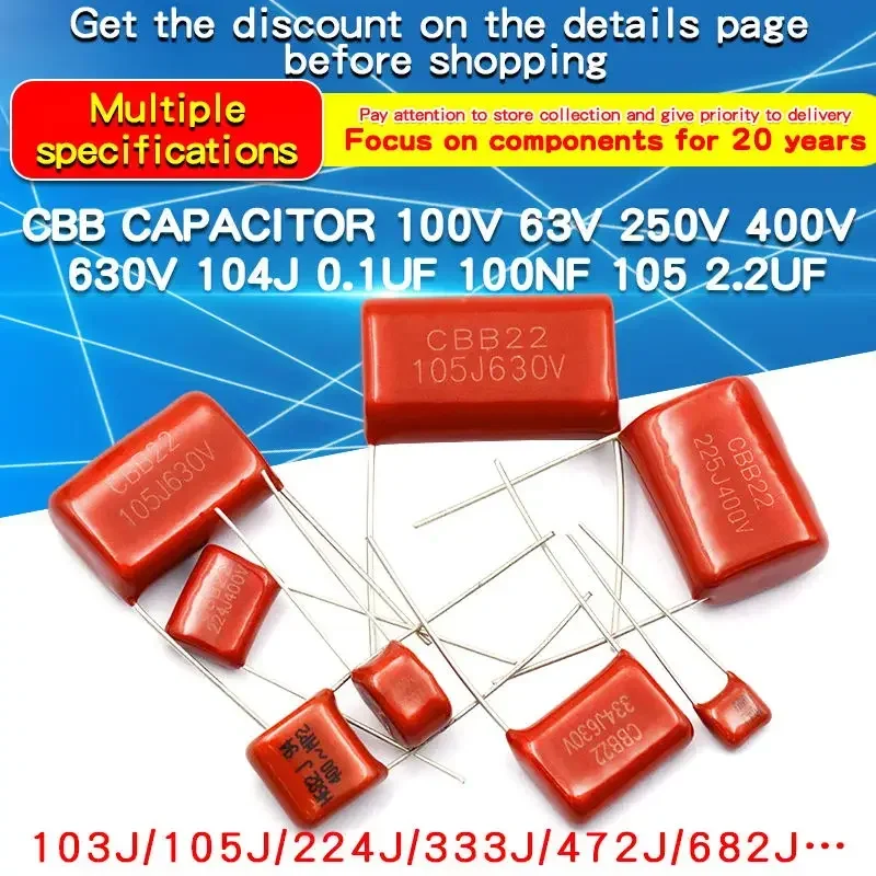 10PCS 100V 400V 630V CBB Polypropylene Film Capacitor 33nF 100nF 220nF 4.7nF 1uF 6.8nF 680nF 470nF 3.3uF 330nF 2.2uF 220nF 10NF