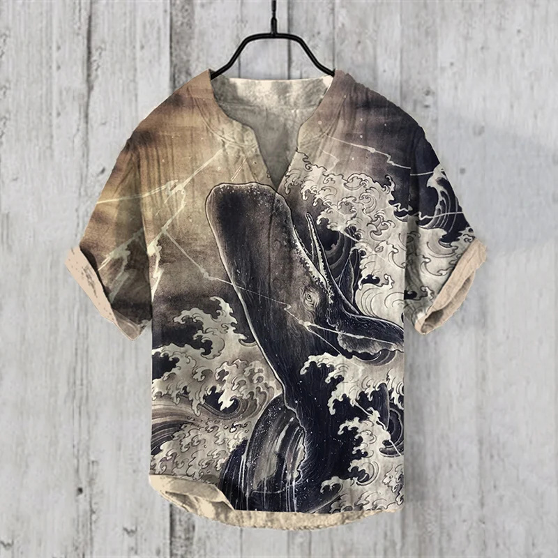 Camiseta Grande de bambú y cáñamo con 3 botones, camisa de manga corta con cuello de pie, transferencia de calor 3D Digital, novedad de verano 2024
