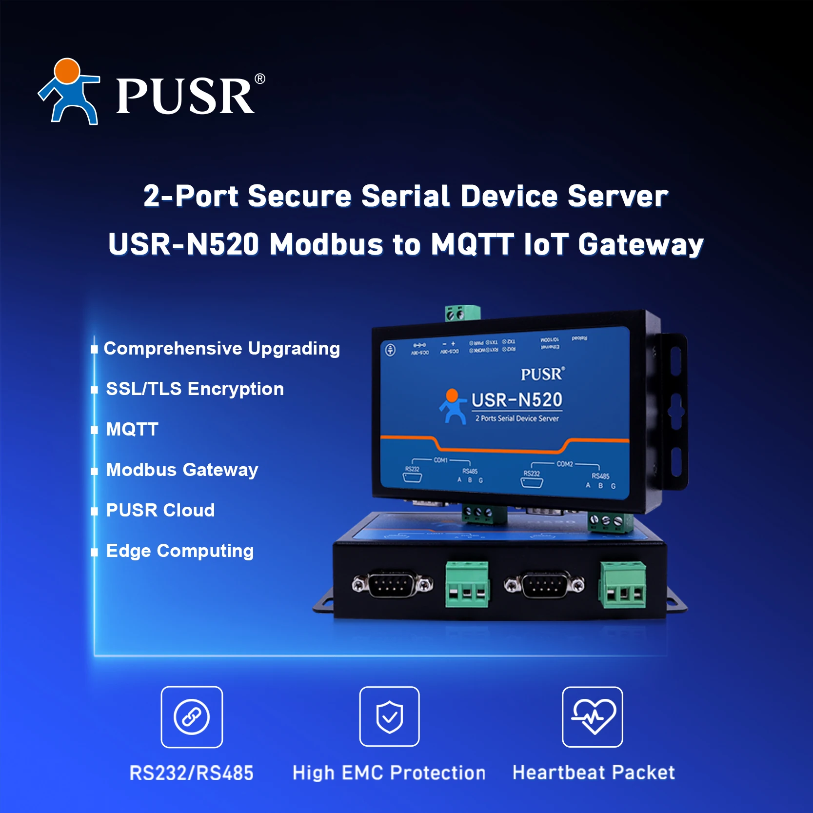 PUSR 2 portas servidor de dispositivo serial RS485 RS232 para conversor Ethernet suporta MQTT/SSL Modbus RTU para Modbus TCP Gateway USR-N520